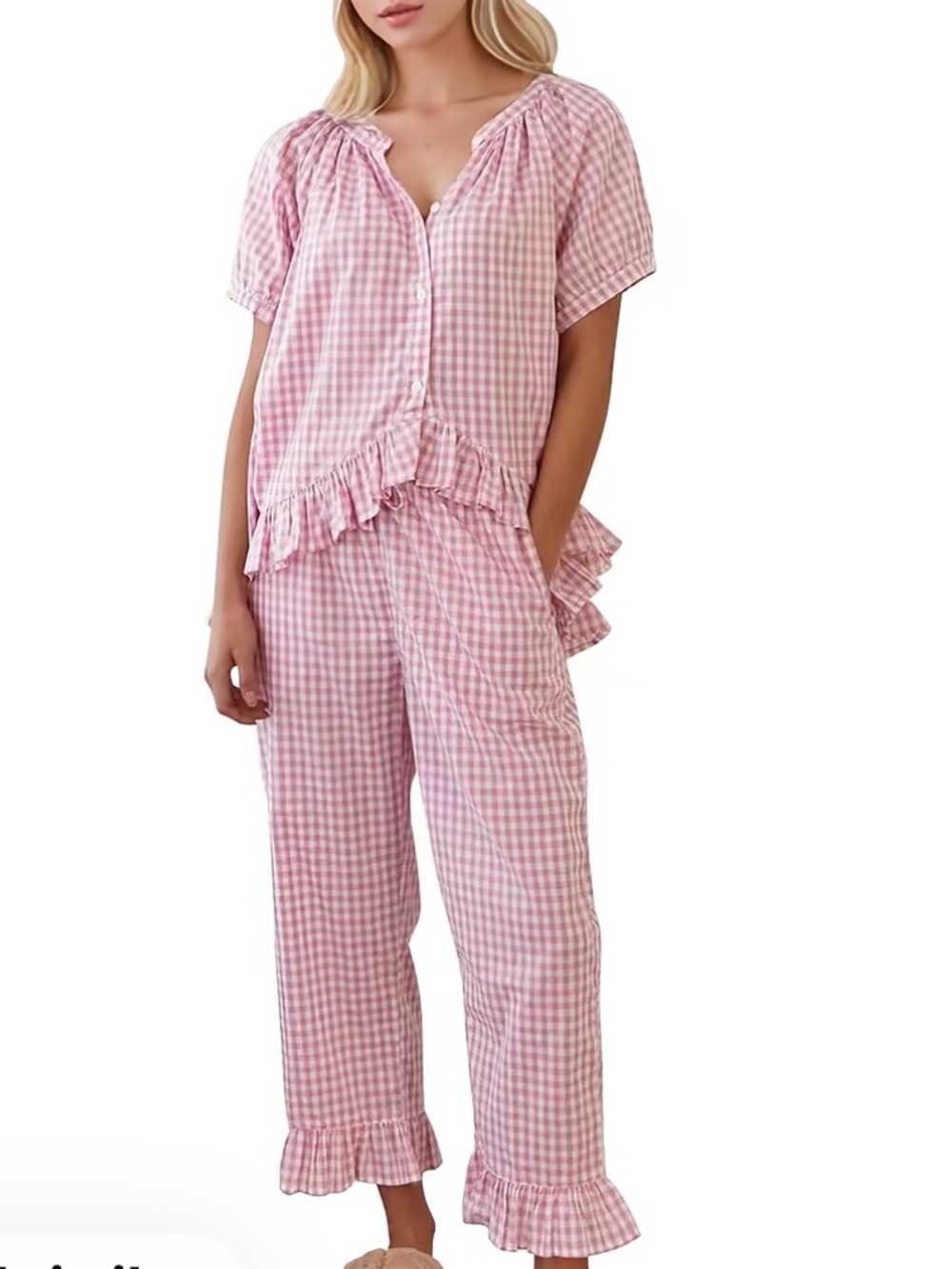 Flygo cotton Women’s Pink Gingham Button-Front Pajama Set in medium